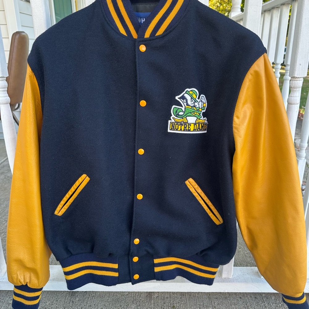 Vtg Holloway Notre Dame Wool Blend Varsity Jacket Leather Sleeves XL